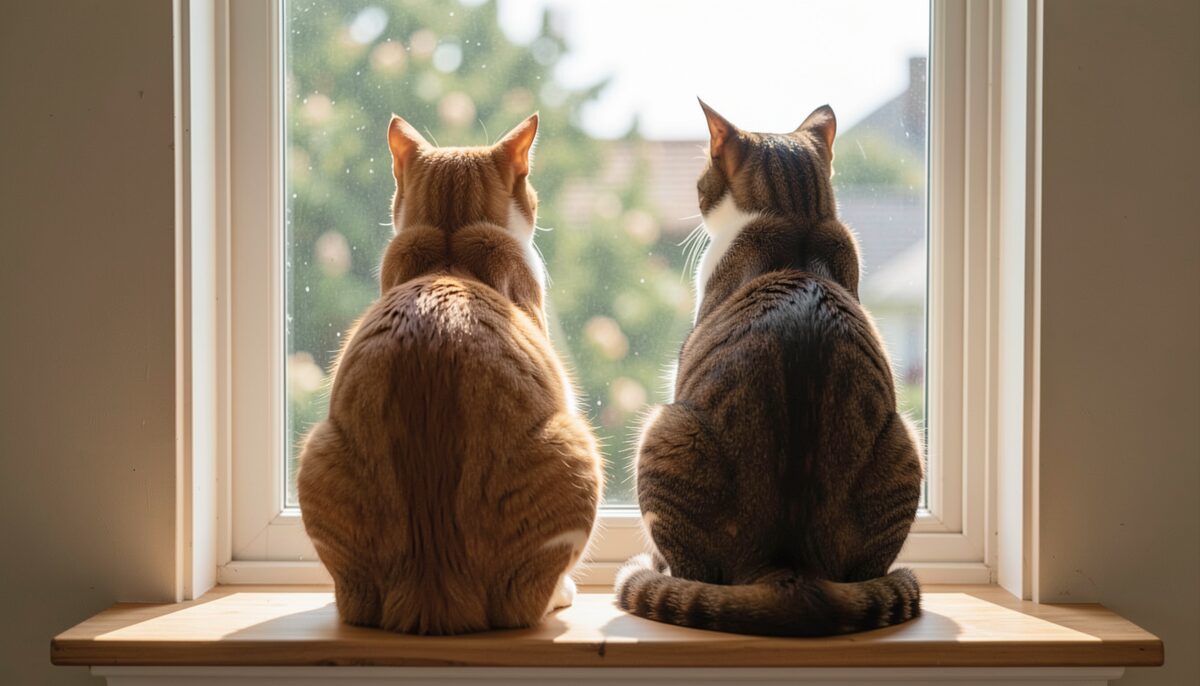 A sunny windowsill in a home with two cats sitting side by side looking outside, seen from behind, no text or screens visible