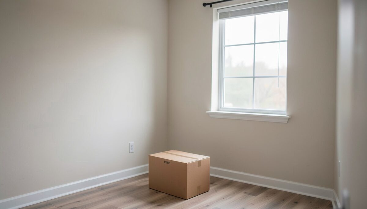 An empty room in a home with bare walls, one window, pale daylight, a single moving box on the floor, no text anywhere
