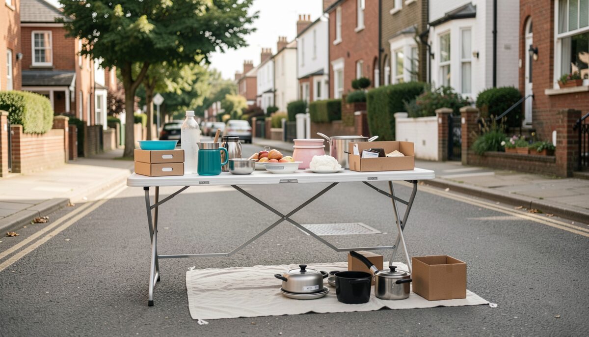 A folding table on a residential street holding assorted household objects, kitchenware and small boxes, a cloth spread underneath, no signs or readable labels