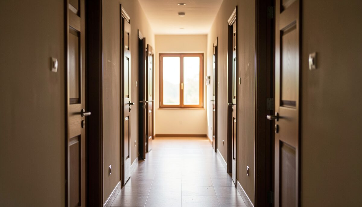 A long corridor in a home with doors on both sides slightly ajar, evening light from the far window, no text or signs