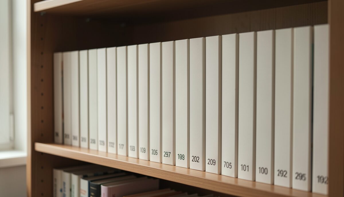 A low bookshelf with a row of identical blank-spined notebooks arranged by year, soft indoor light, no readable text on the spines