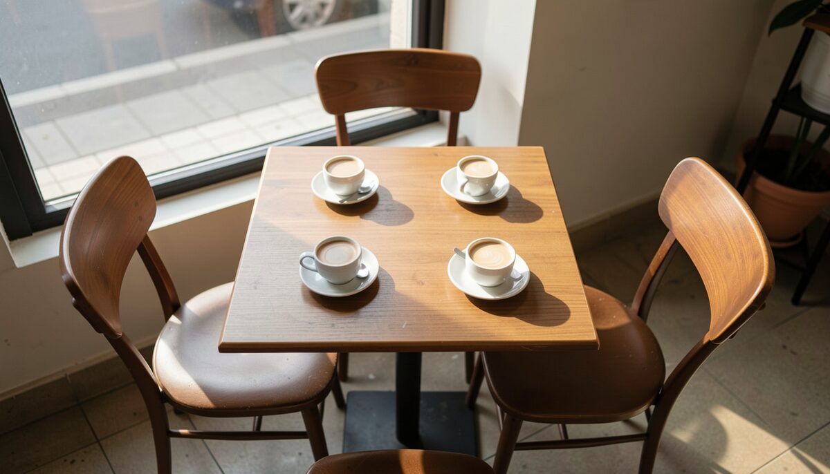 A small cafe table seen from above with four cups and saucers and four chairs pulled up, afternoon light through a window, no people or readable text
