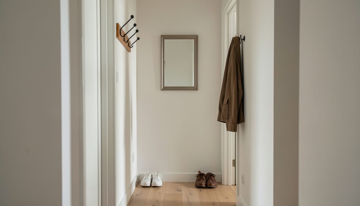 A hallway in a home with a coat hook, a pair of shoes and a small mirror, morning light, nobody present, no text anywhere