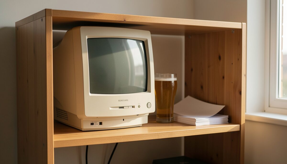 A wooden shelf unit in a home office holding a CRT-era desktop computer, a beer glass and a small stack of blank paper, warm afternoon light, no readable text