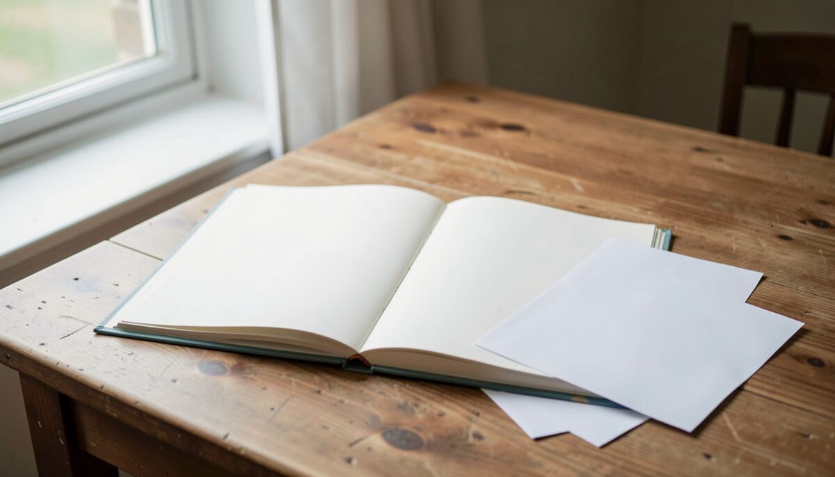 A home studio corner with a camera, a small stack of printed photographs and a notebook on a table, side light, no readable text on the prints